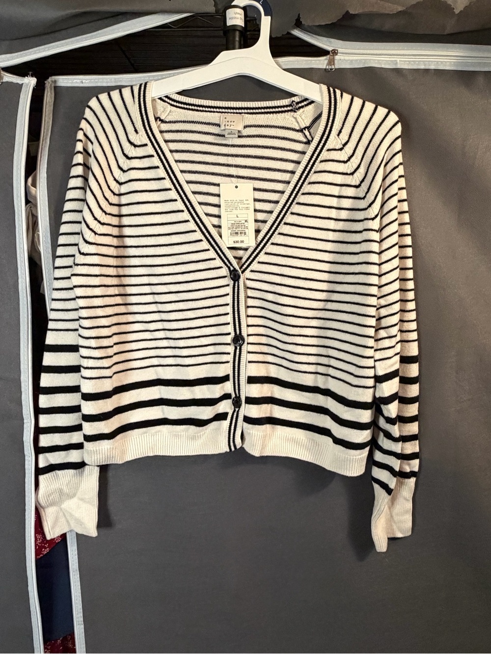 a new day White and Black Striped V-Neck Button Cardigan
